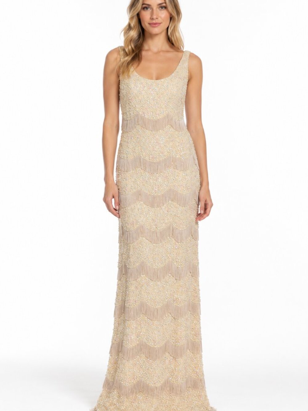 Vintage Sequined & Beaded Fringe Evening Dress Off White Light Gold Maxi Gown